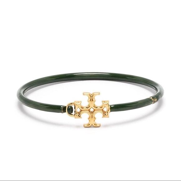 NWT Tory Burch Kira Green Enamel, Gold Logo Hinged Cuff Bracelet - Picture 1 of 4